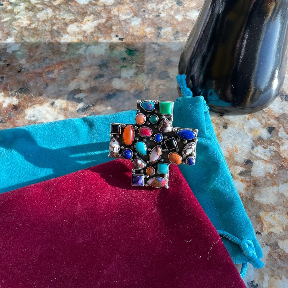 Multicolor Gemstone Cross Adjustable Ring - image 4